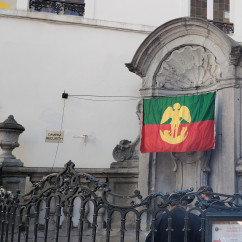 A colorful flag drapes over a historic fountain in Brussels.