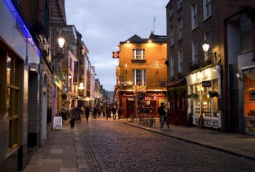 Typical street view of a street in Dublin at night