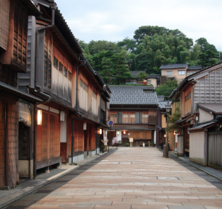 Coblestone streets and traditional buildings from the E