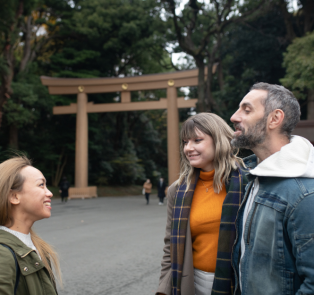 Travelers embarking on a tour at Meiji Jingu Shrine