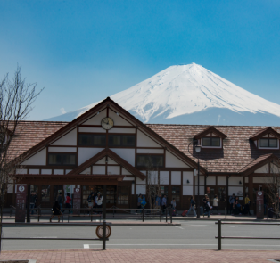 Kawaguchiko station with Mount Fuji in the background, 