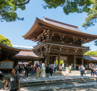 Tourists are walking at the Meiji Shrine in a daytime