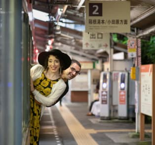 Travelers on a train in Japan