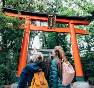 Tourists admiring historical sites with red Torii gates