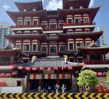 Front view of the Buddha Tooth Relic Temple, Chinatown, Singapore.