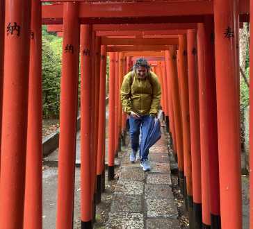 Traveler's Passage Under Vibrant Torii
