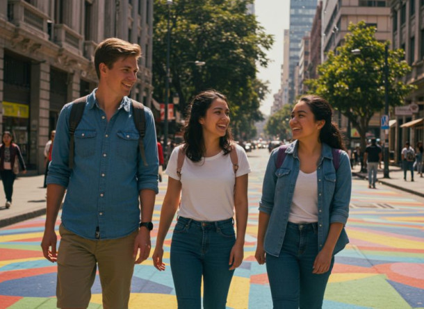 people,happiness,pedestrian,smile,waist,luggage &amp; bags,bag,leisure,denim,travel,sidewalk,walking
