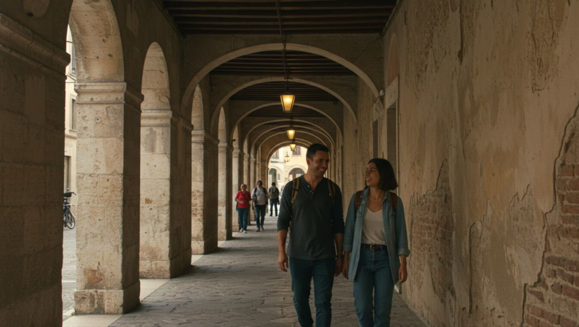 photograph,wall,arch,standing,pedestrian,arcade,vault,travel,concrete,column,vacation,walking