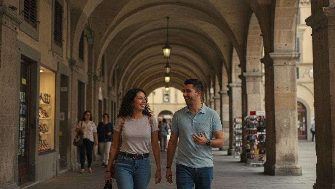 standing,arch,luggage &amp; bags,pedestrian,denim,bag,waist,travel,vacation,happiness,arcade,leisure,handbag