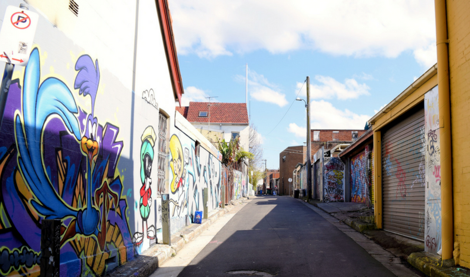Graffiti-covered alleyway in Newtown, Sydney with colorful murals on both sides.