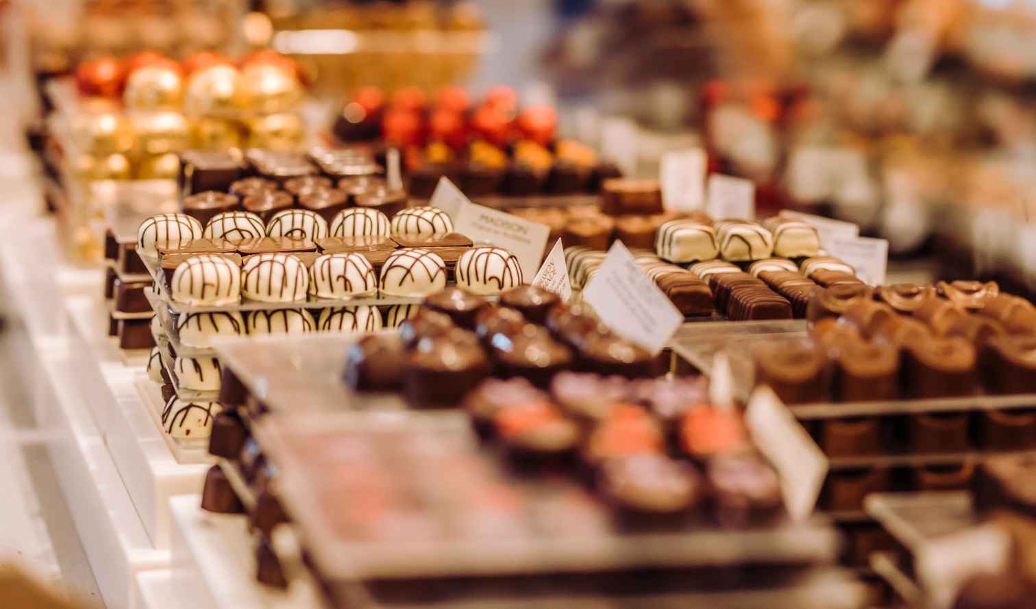 Chocolate varieties displayed in a dessert shop in Brussels 