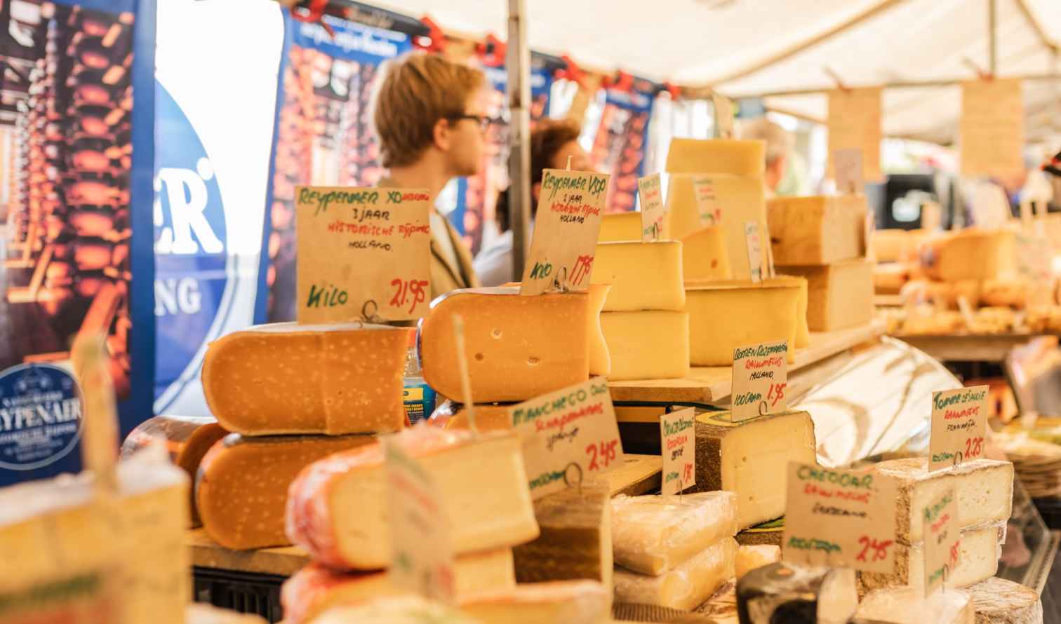 Cheese stall featuring diverse types of cheese on display in Amsterdam