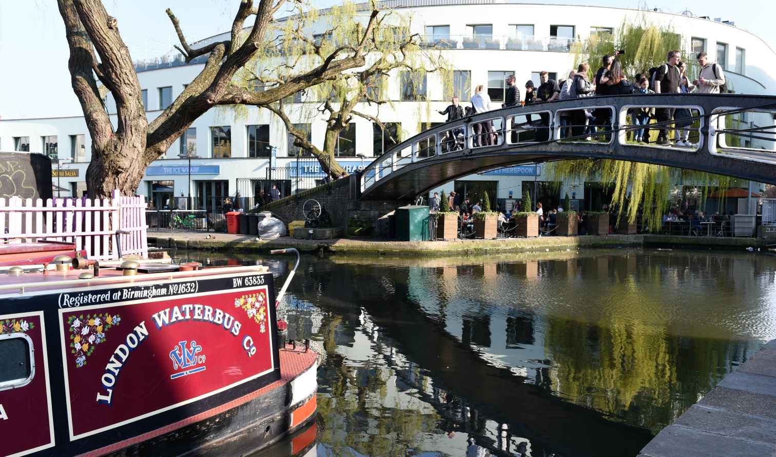 People crossing a footbridge over Regent's Canal in Camden Market, London.