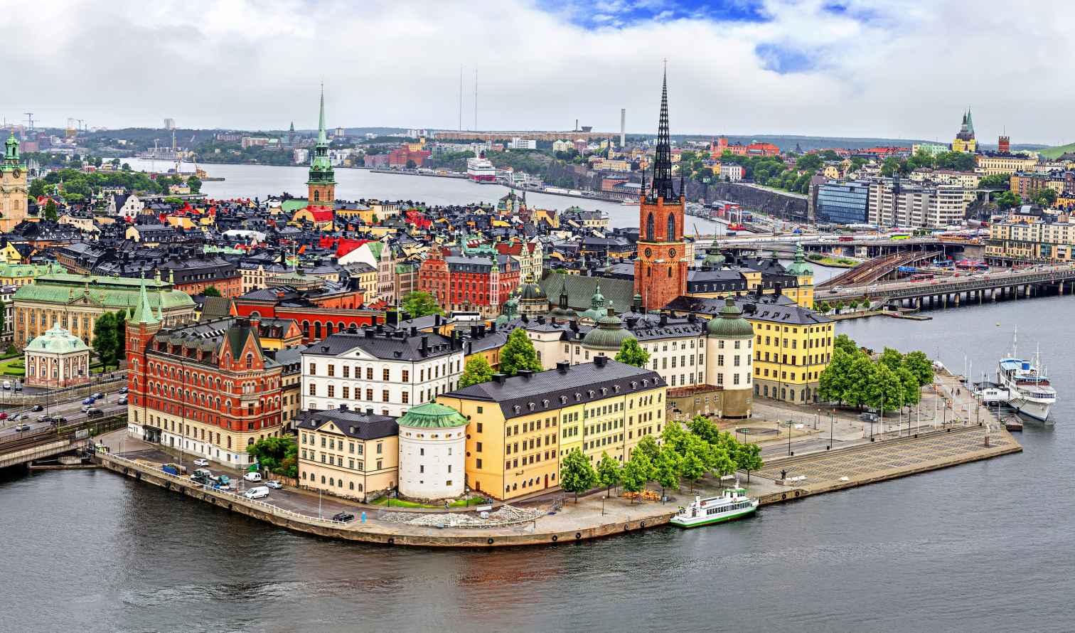 Riddarholmen Church spire seen in Stockholm's old town, Gamla Stan.