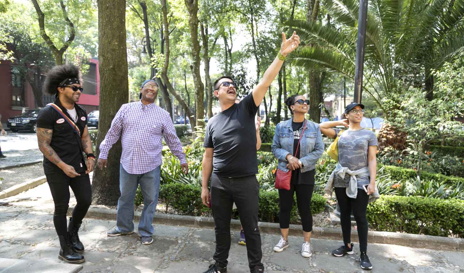 Man pointing upwards among a group in a tree-lined area in Mexico