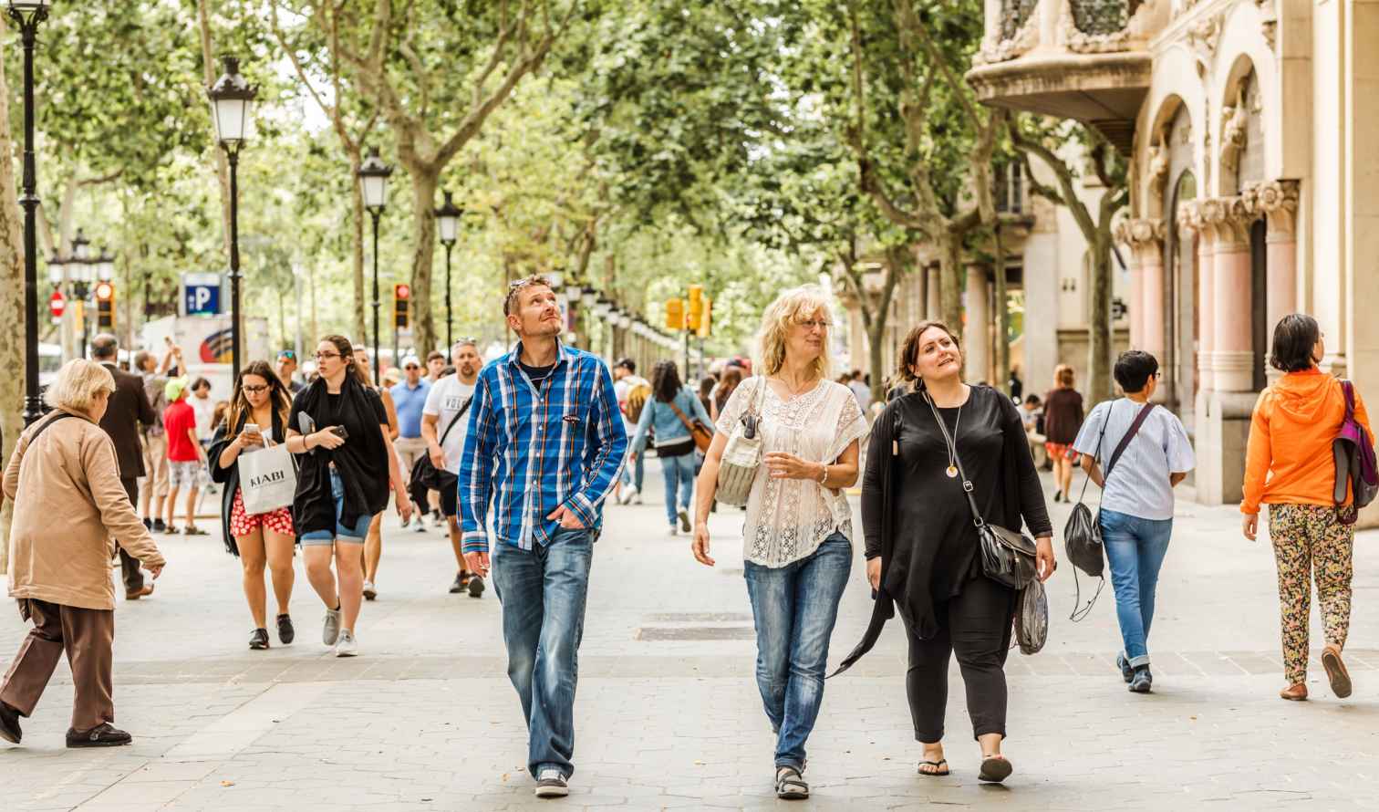 People walking along La Rambla in Barcelona.