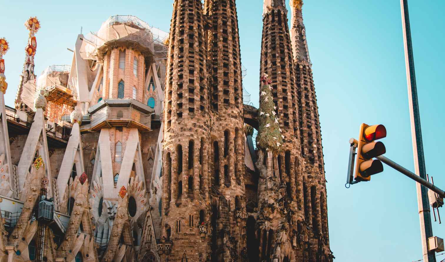 Sagrada Familia basilica with towering spires in Barcelona, Spain.