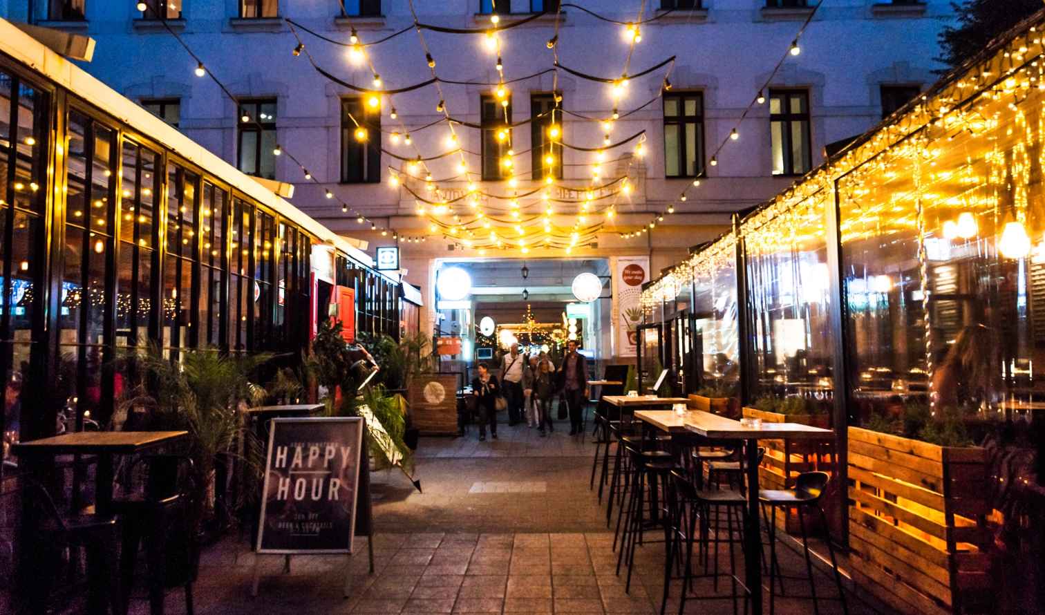 String lights above alleyway near Hackescher Markt, Budapest