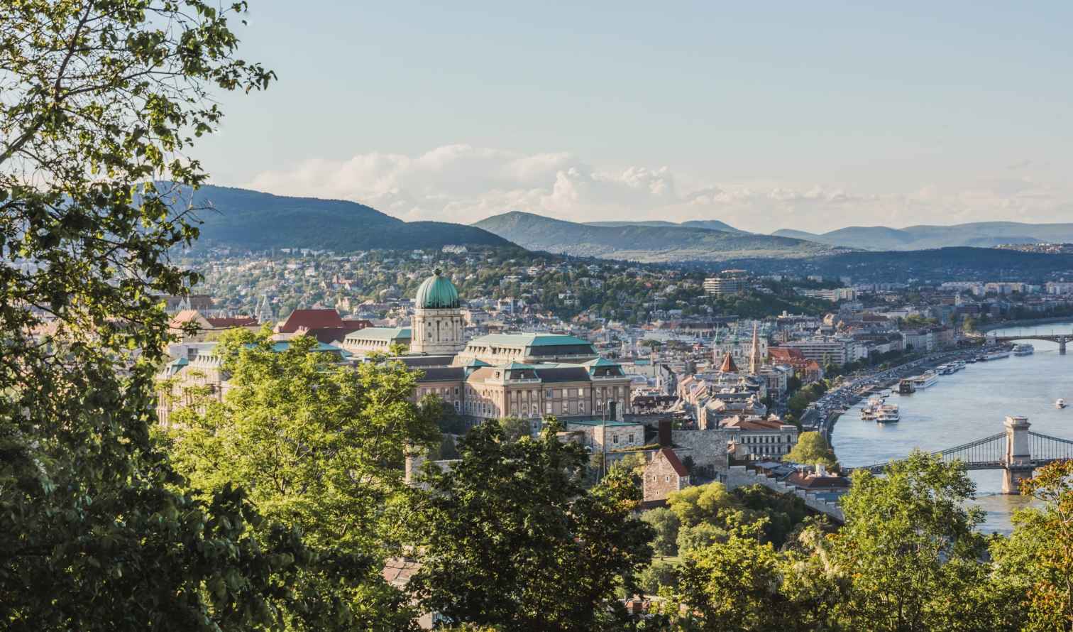 Aerial view of Budapest with Buda Castle and the Danube River.