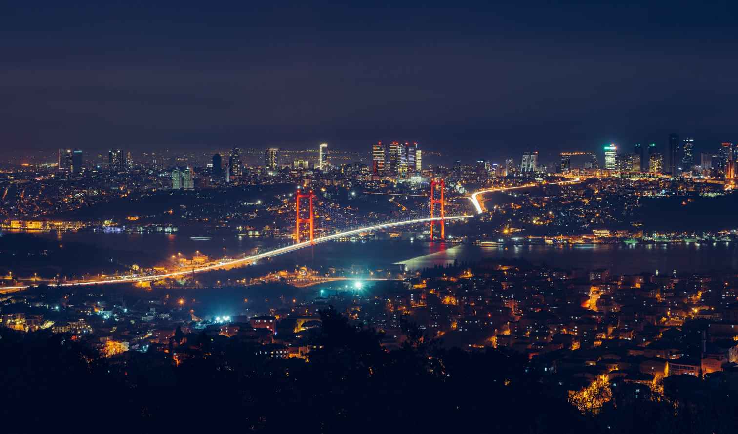 Night view of the Bosphorus Bridge in Istanbul.