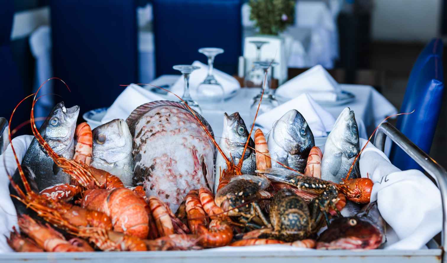 Tray of fresh seafood placed in a fine dining environment in Istanbul