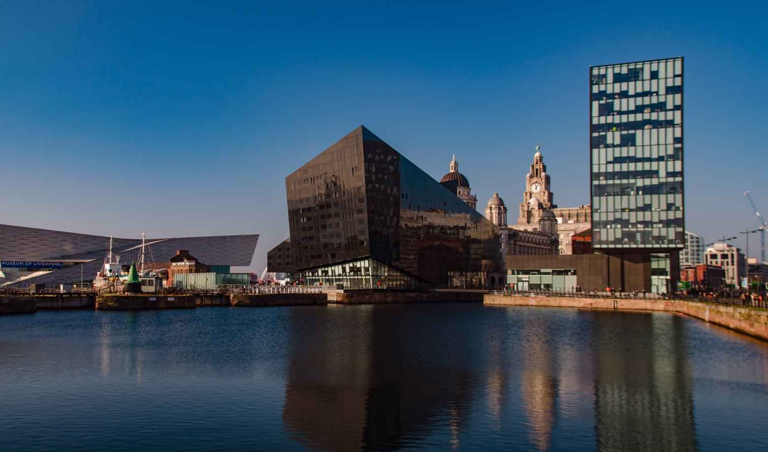 Liverpool waterfront with the Museum of Liverpool and modern buildings.