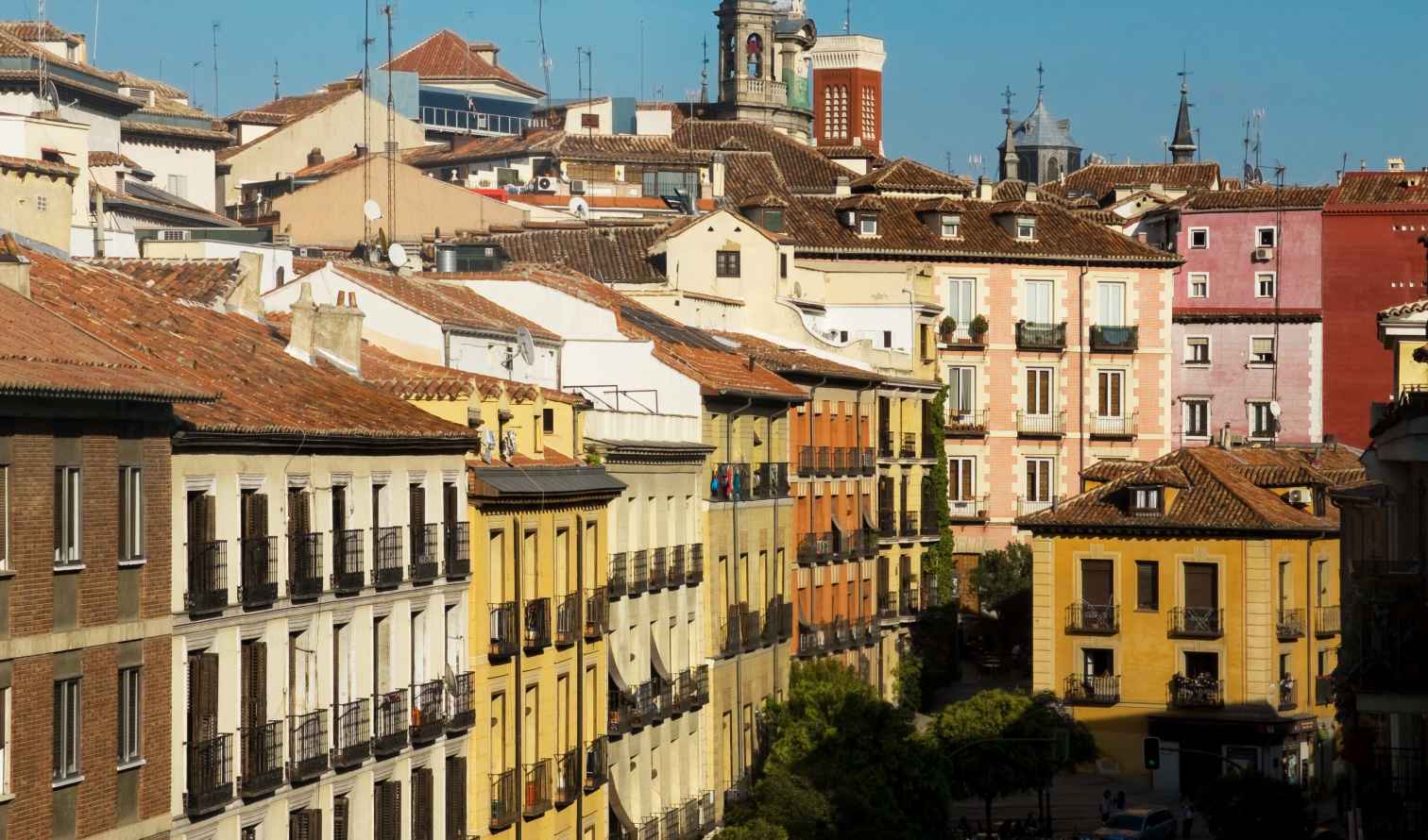 Colorful buildings in the La Latina district of Madrid, Spain.