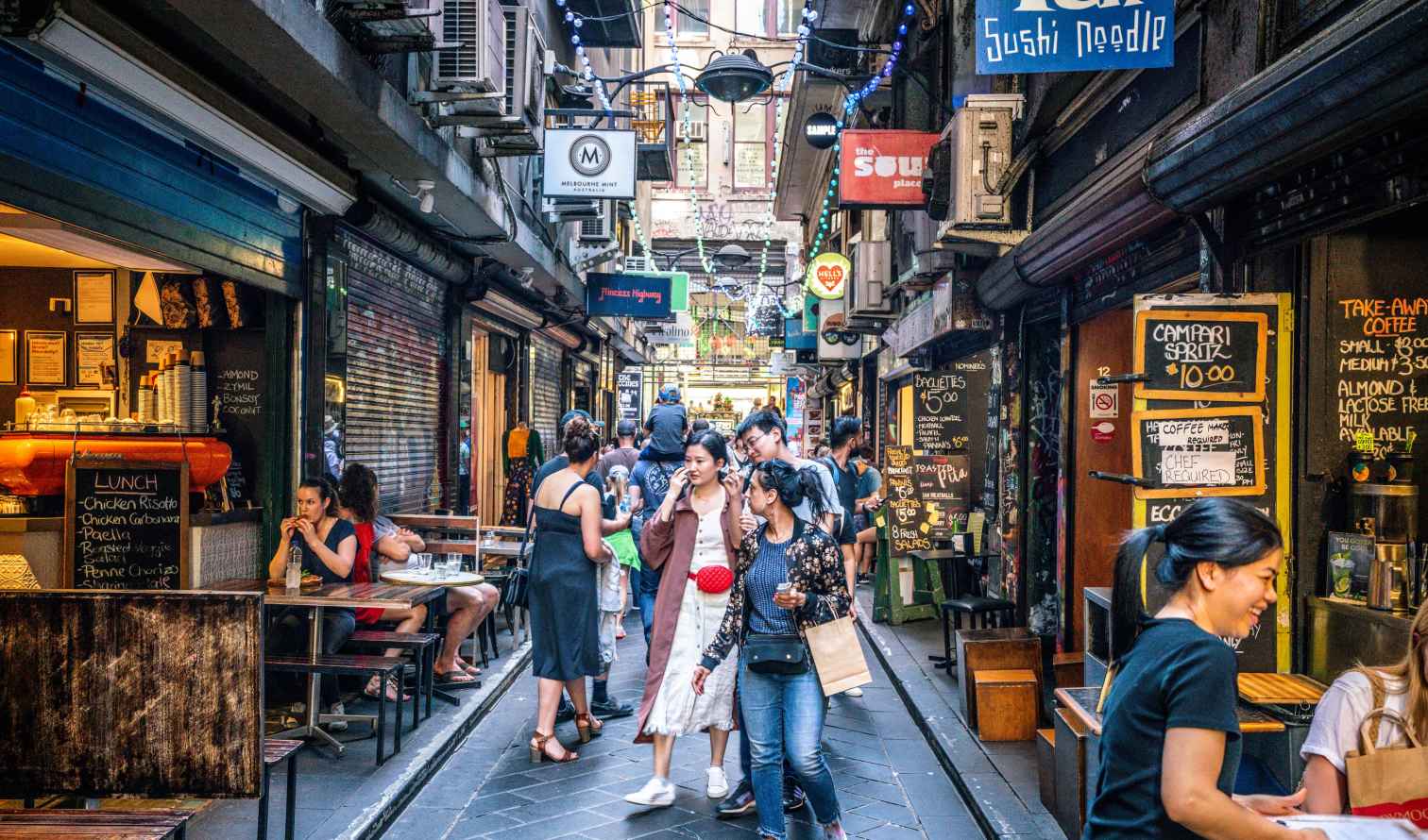 Centre Place in Melbourne with people walking and dining outside cafes.