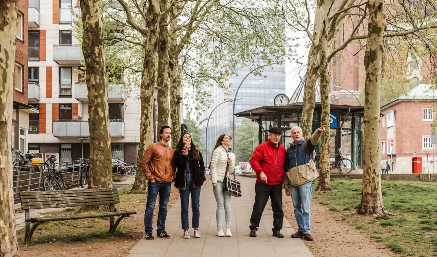 Group of people walking near Chilehaus, Hamburg.