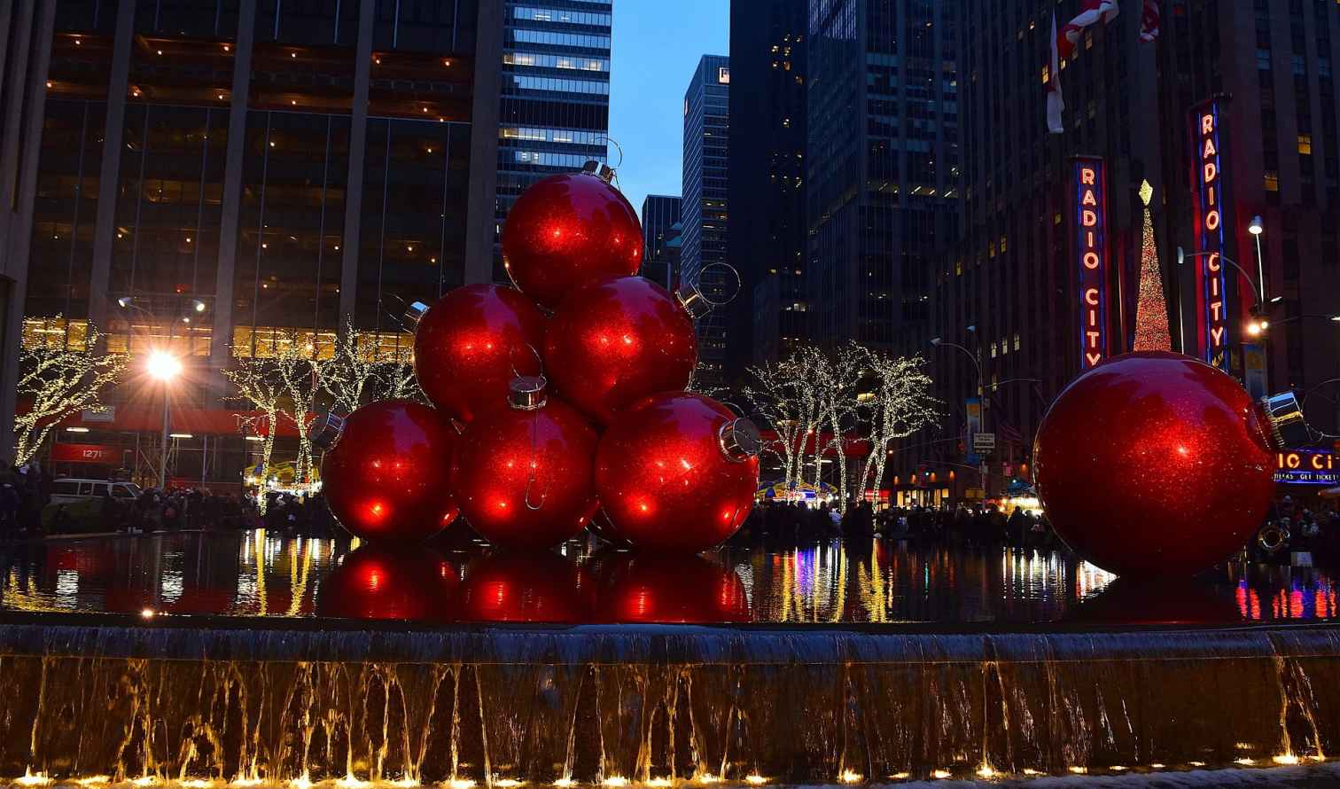 Giant red ornaments in front of Radio City Music Hall, New York.