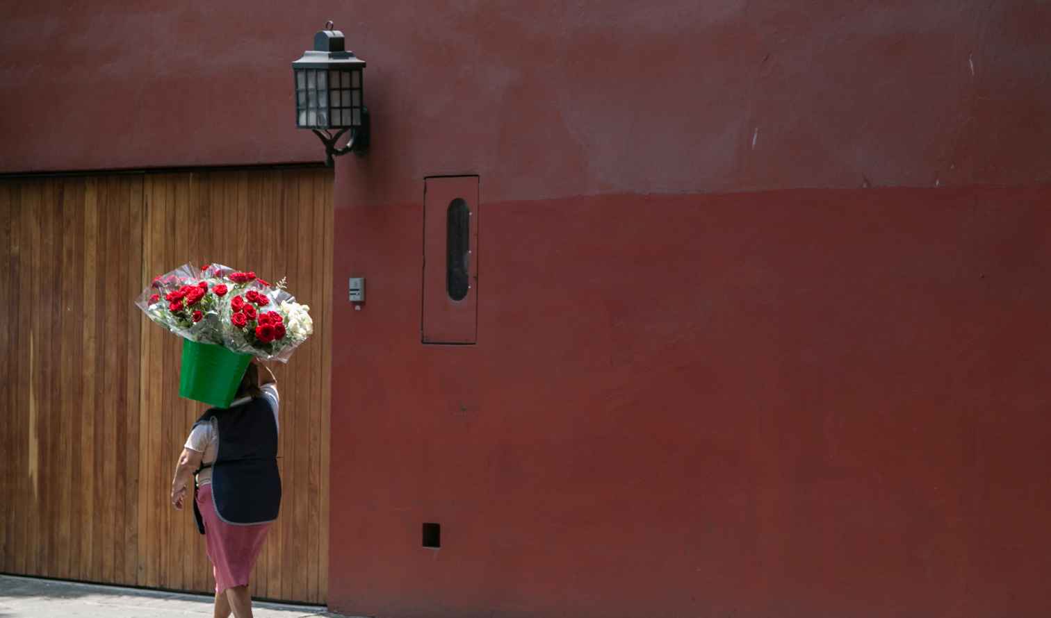 Person carries a green bucket of flowers past a red wall in Mexico City.