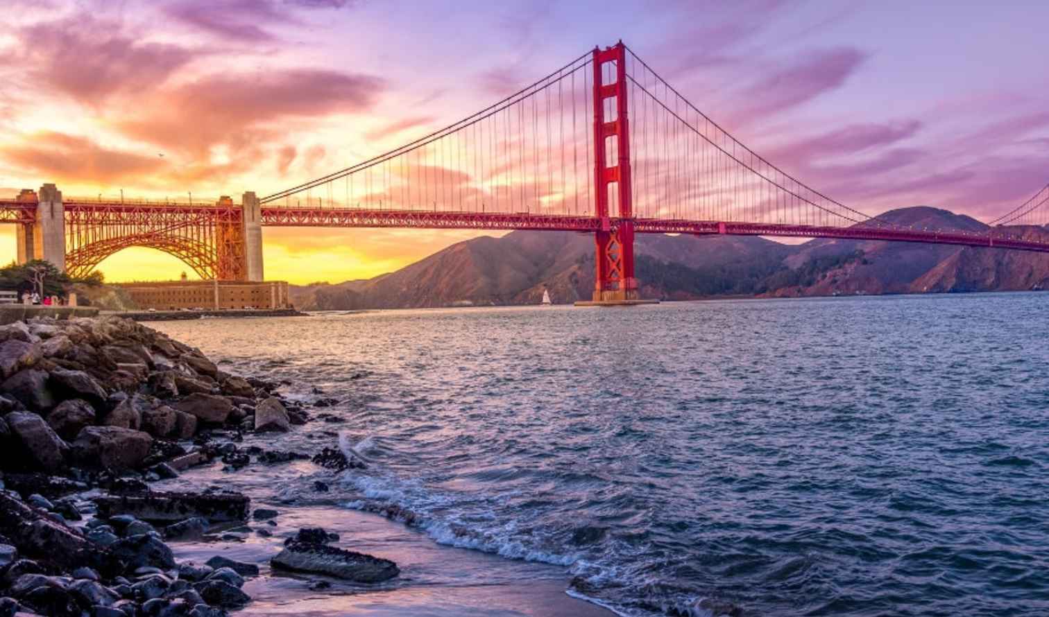 Golden Gate Bridge spanning across San Francisco Bay at sunset.