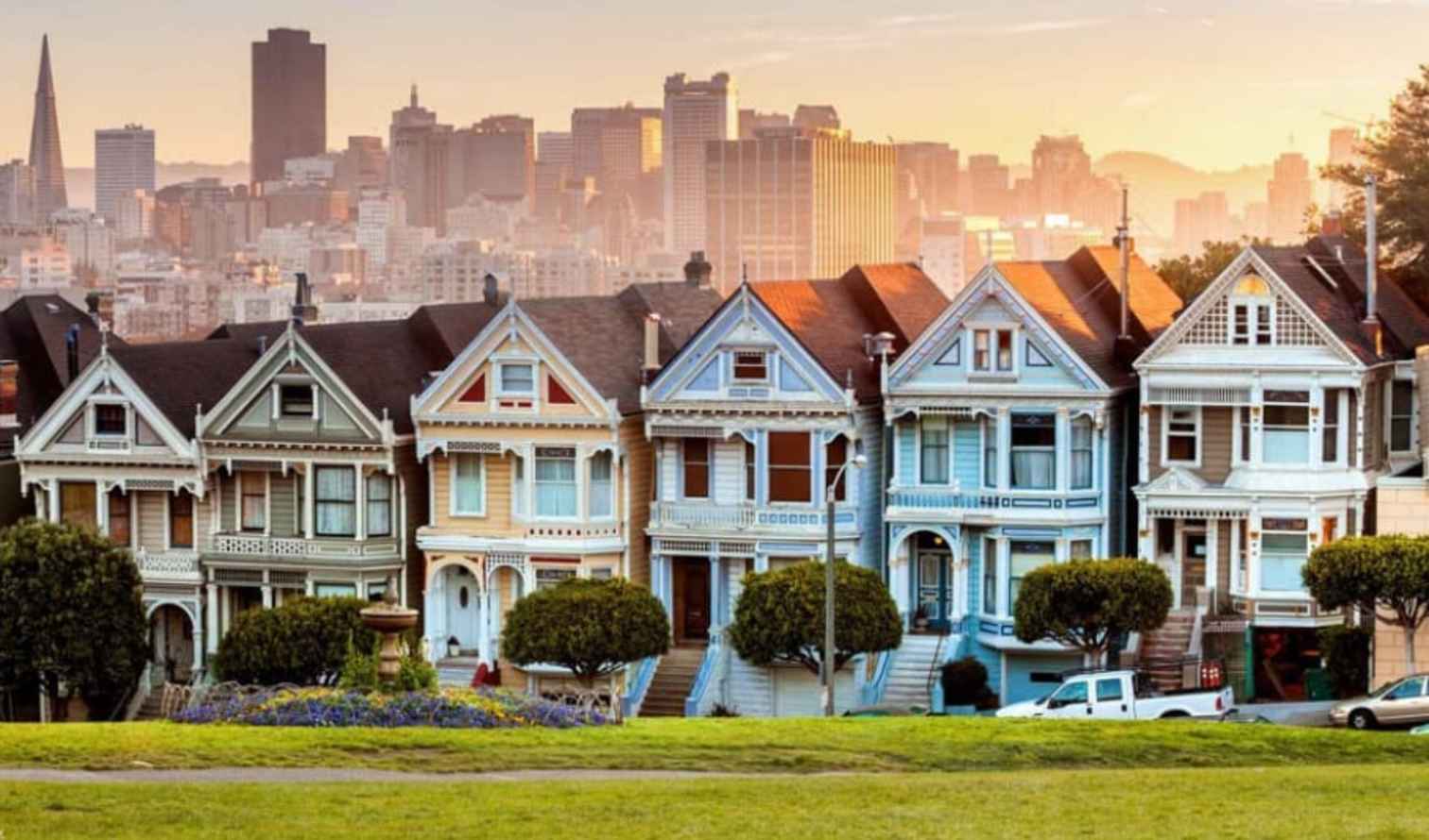 Painted Ladies with San Francisco skyline in the background.