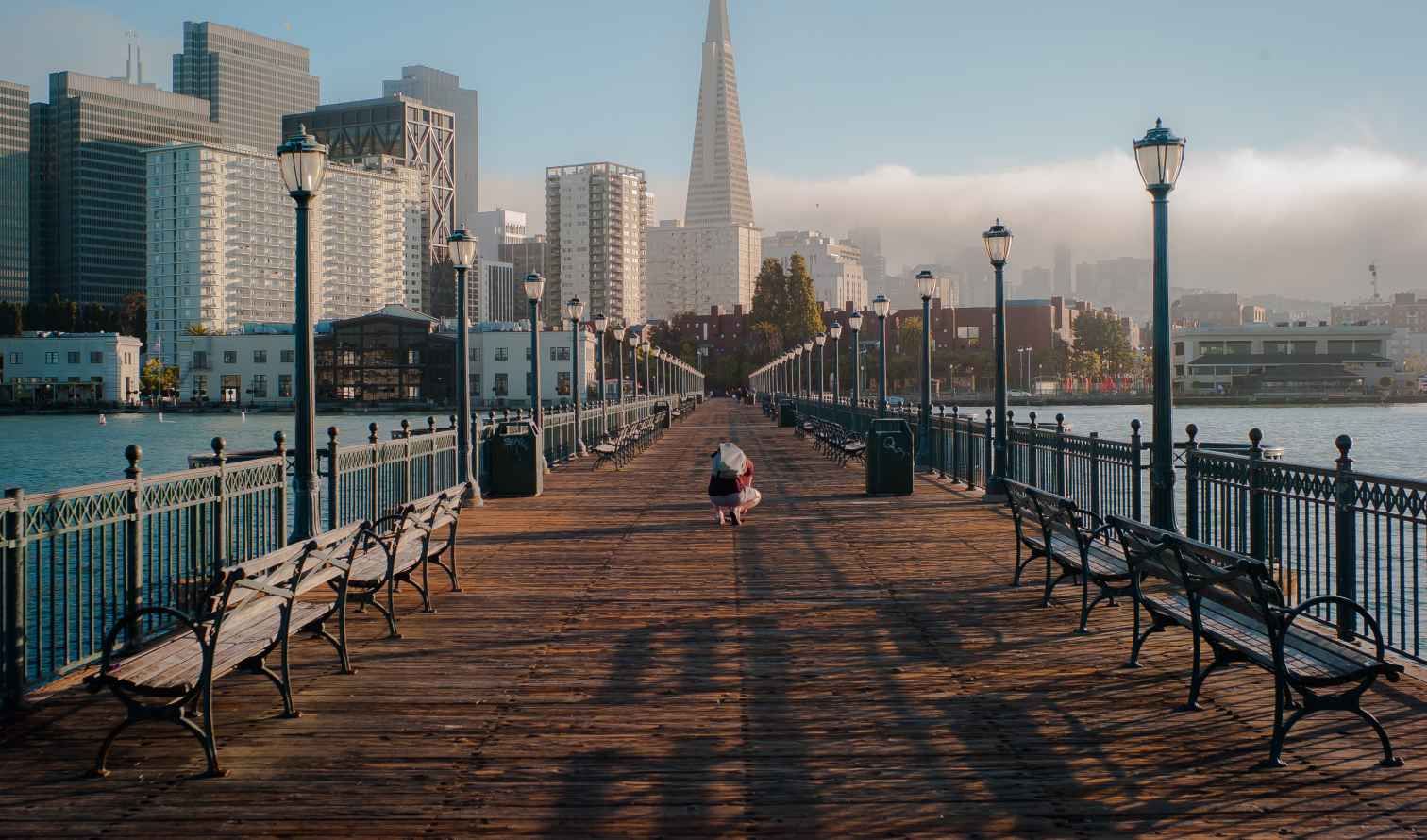 View of Transamerica Pyramid from a pier in San Francisco.