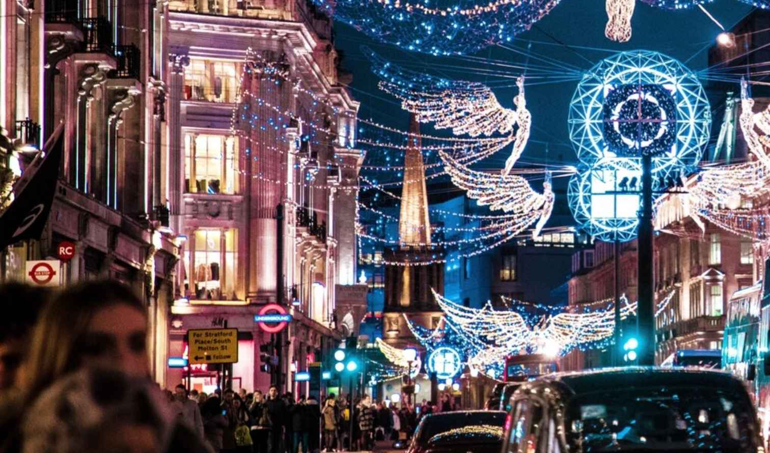 Oxford Street with illuminated Christmas decorations in London.