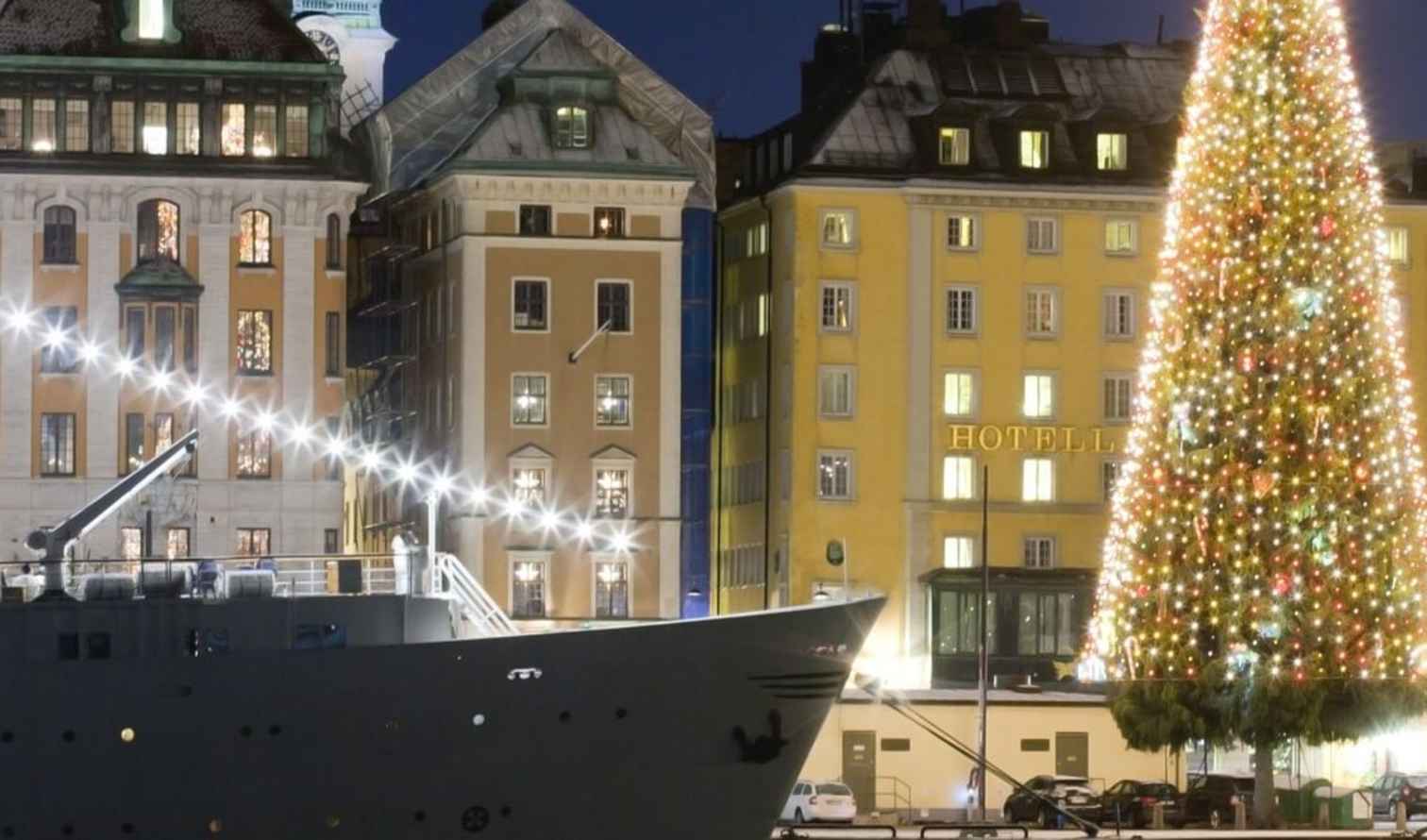 Large Christmas tree illuminated, set between ships and historic buildings in Berlin.