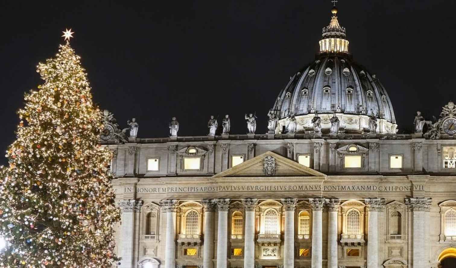 Facade of St. Peter's Basilica with a lit Christmas tree Rome