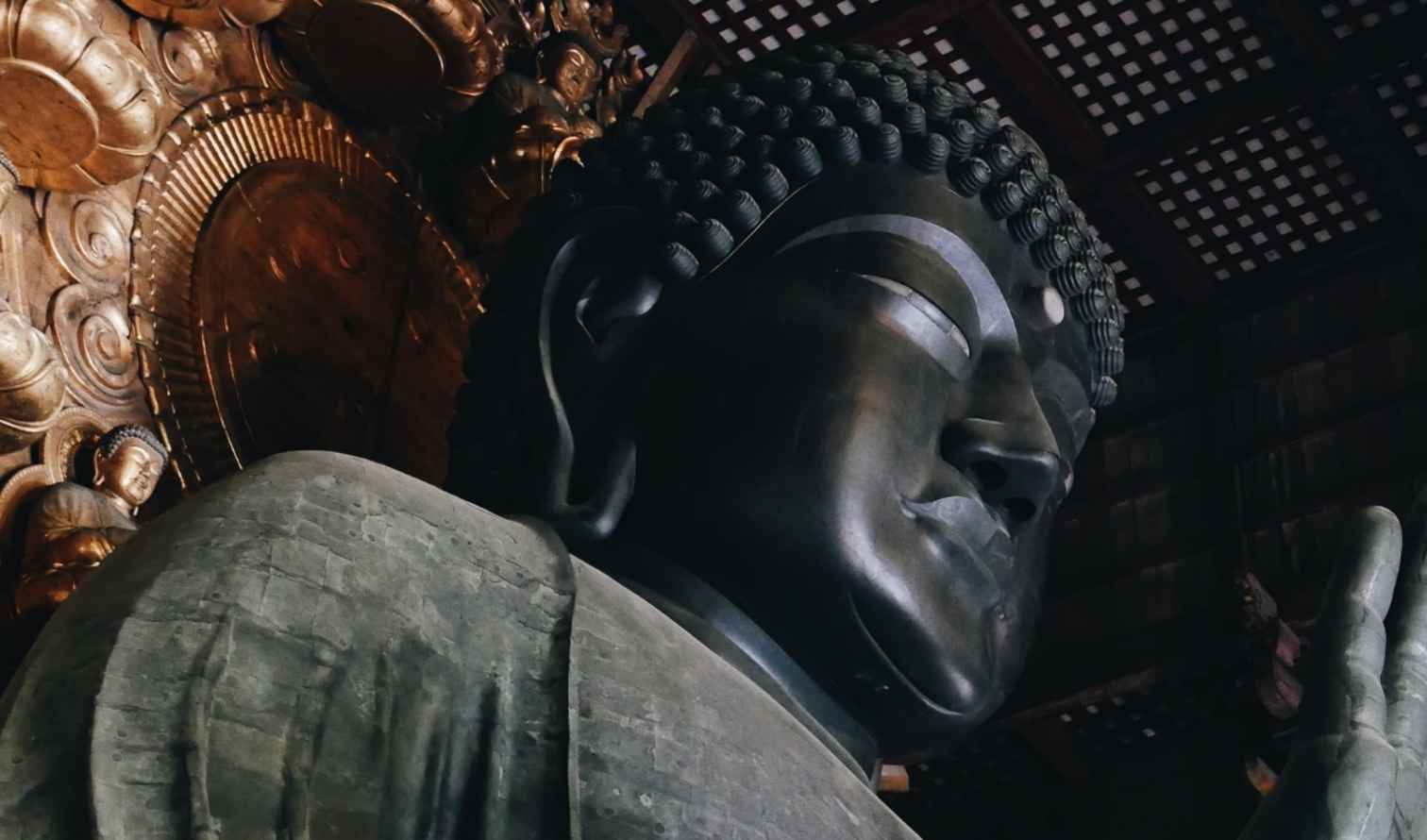 Close-up of the Daibutsu giant bronze Buddha statue in Kyoto, Japan.