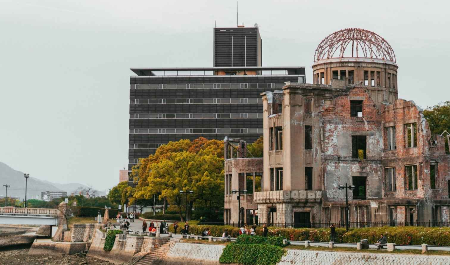View of the Atomic Bomb Dome near a river in Hiroshima.