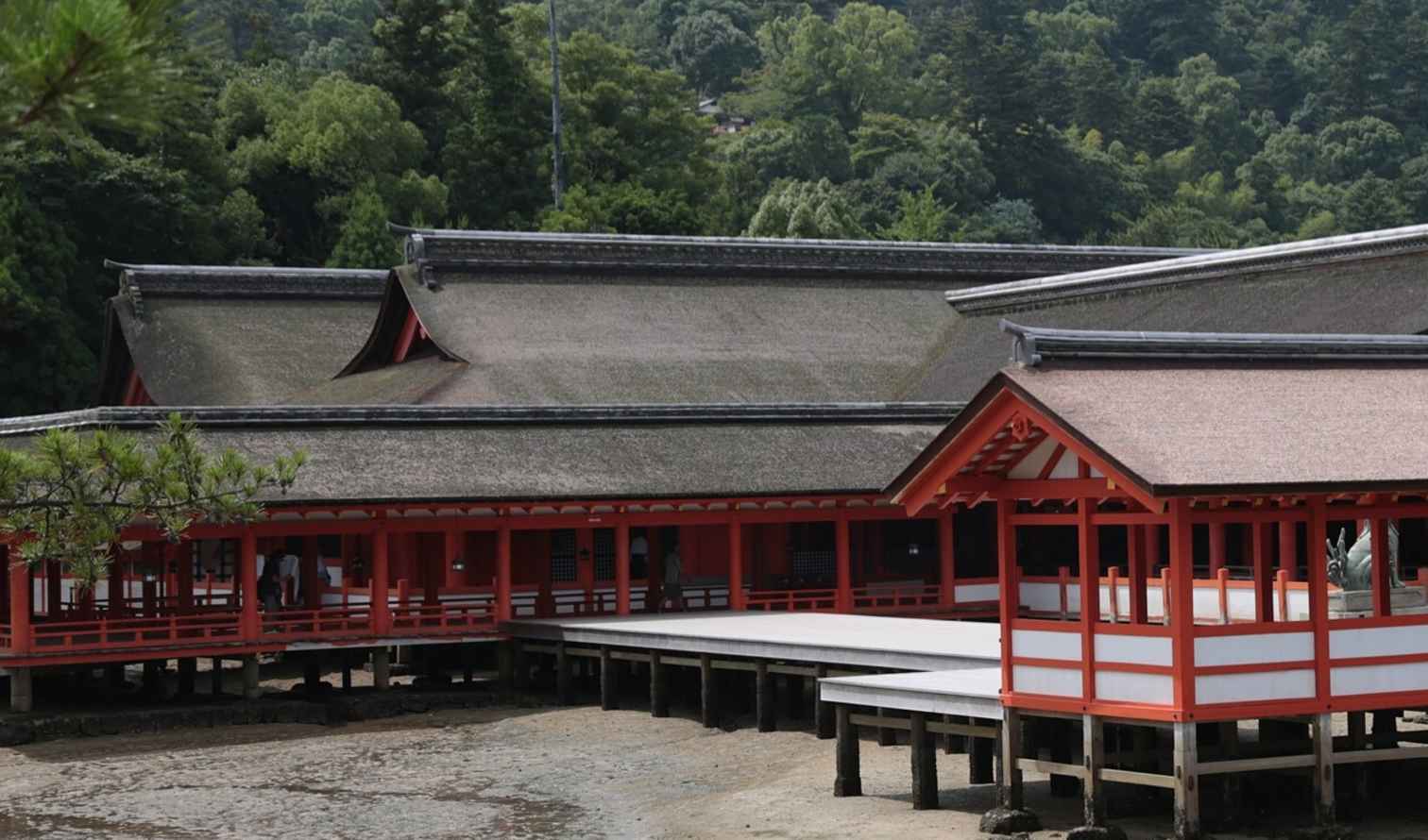 Raised walkways of Itsukushima Shrine during low tide on Miyajima Island.