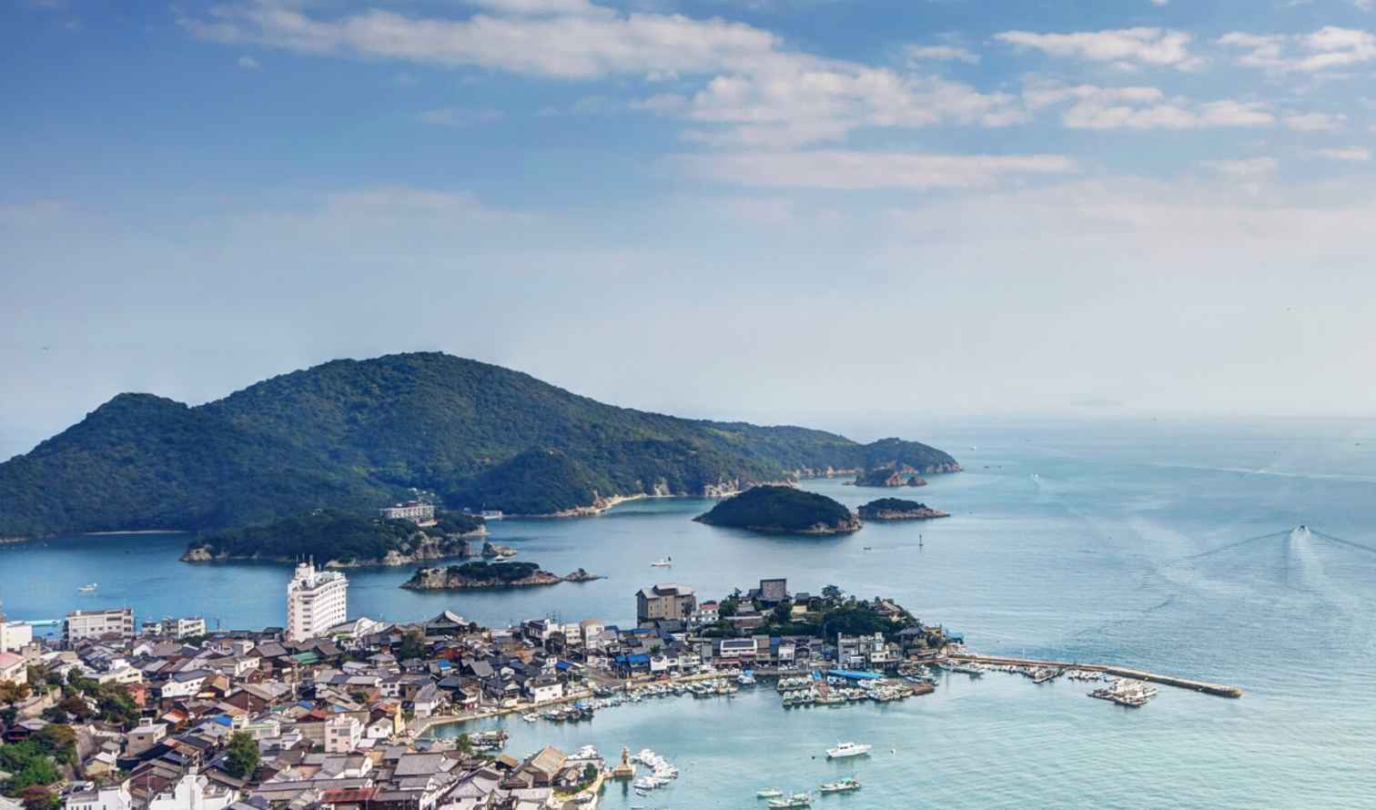 View of Seto Inland Sea from a coastal town in Naoshima, Japan.