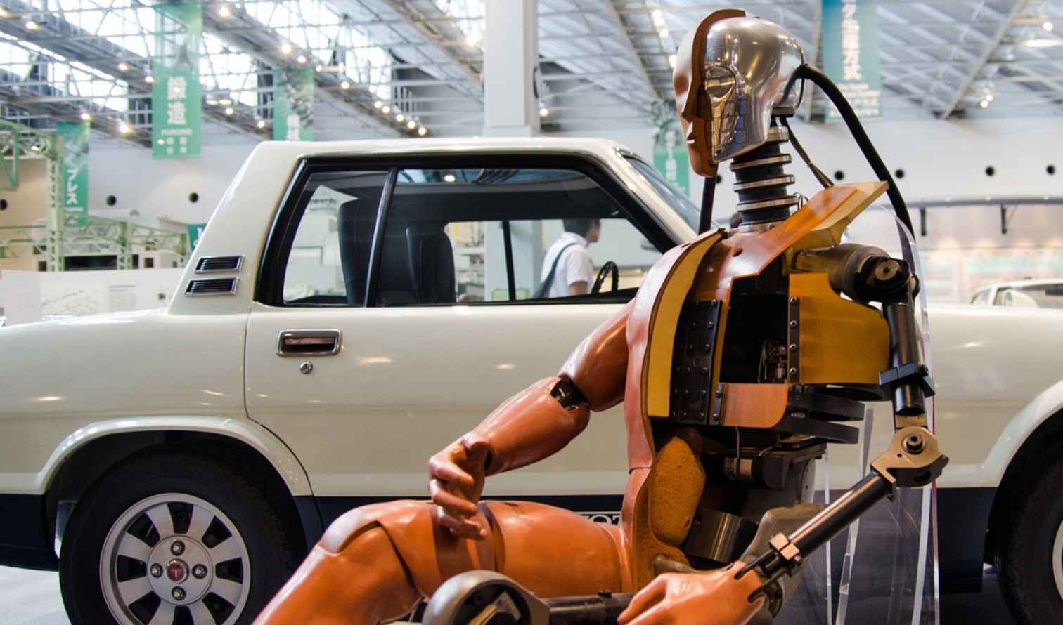 Interior view of Toyota Commemorative Museum with crash test dummy in Nagoya