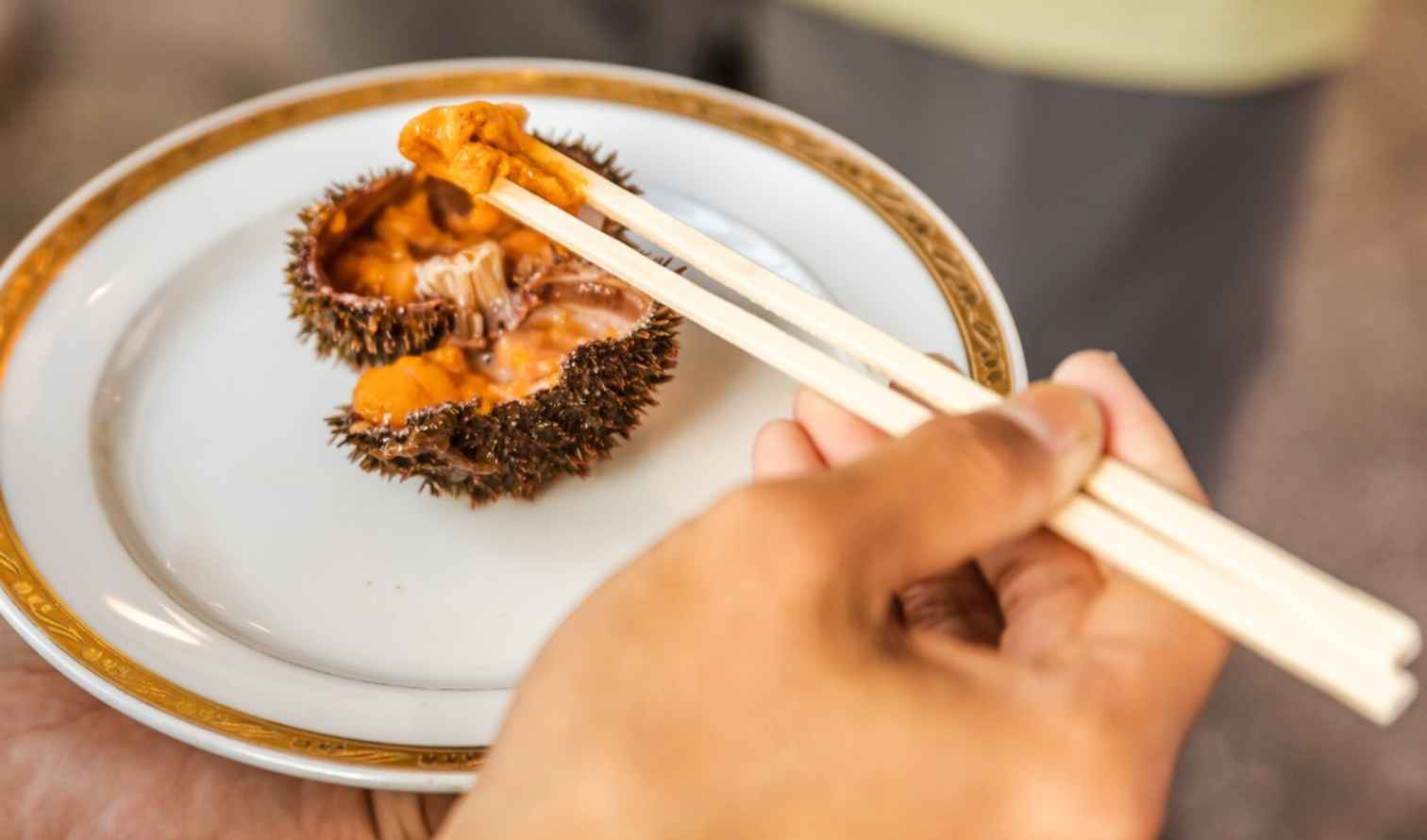 Person holding a plate with sea urchin and chopsticks in Sapporo