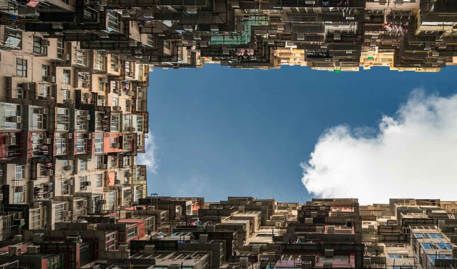 Looking up at Yick Cheong Building in Quarry Bay, Hong Kong.