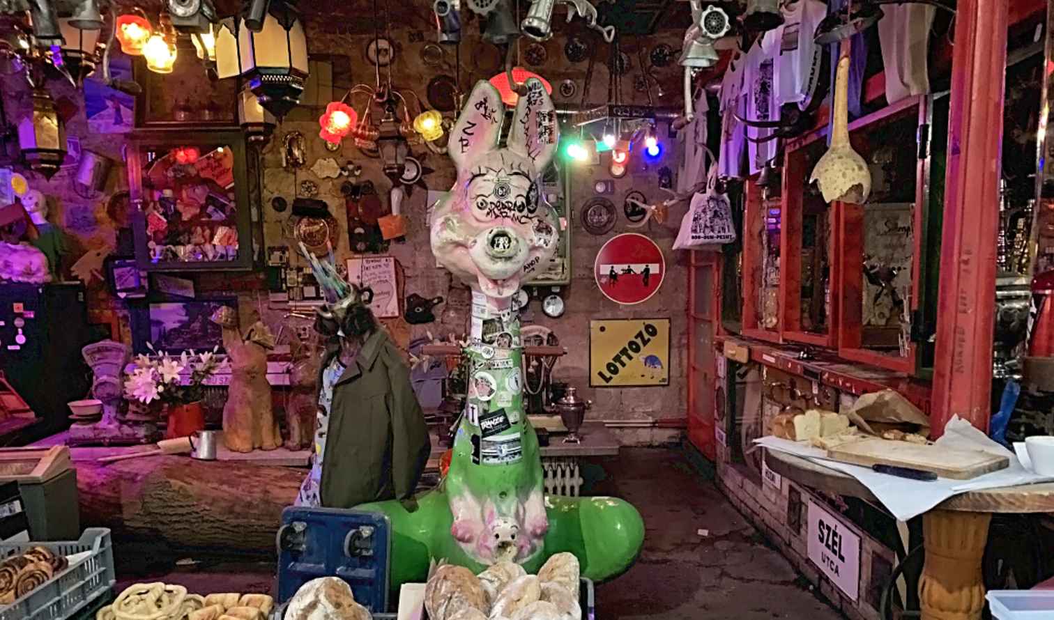 Szimpla Kert ruin bar interior with bread display in Budapest.