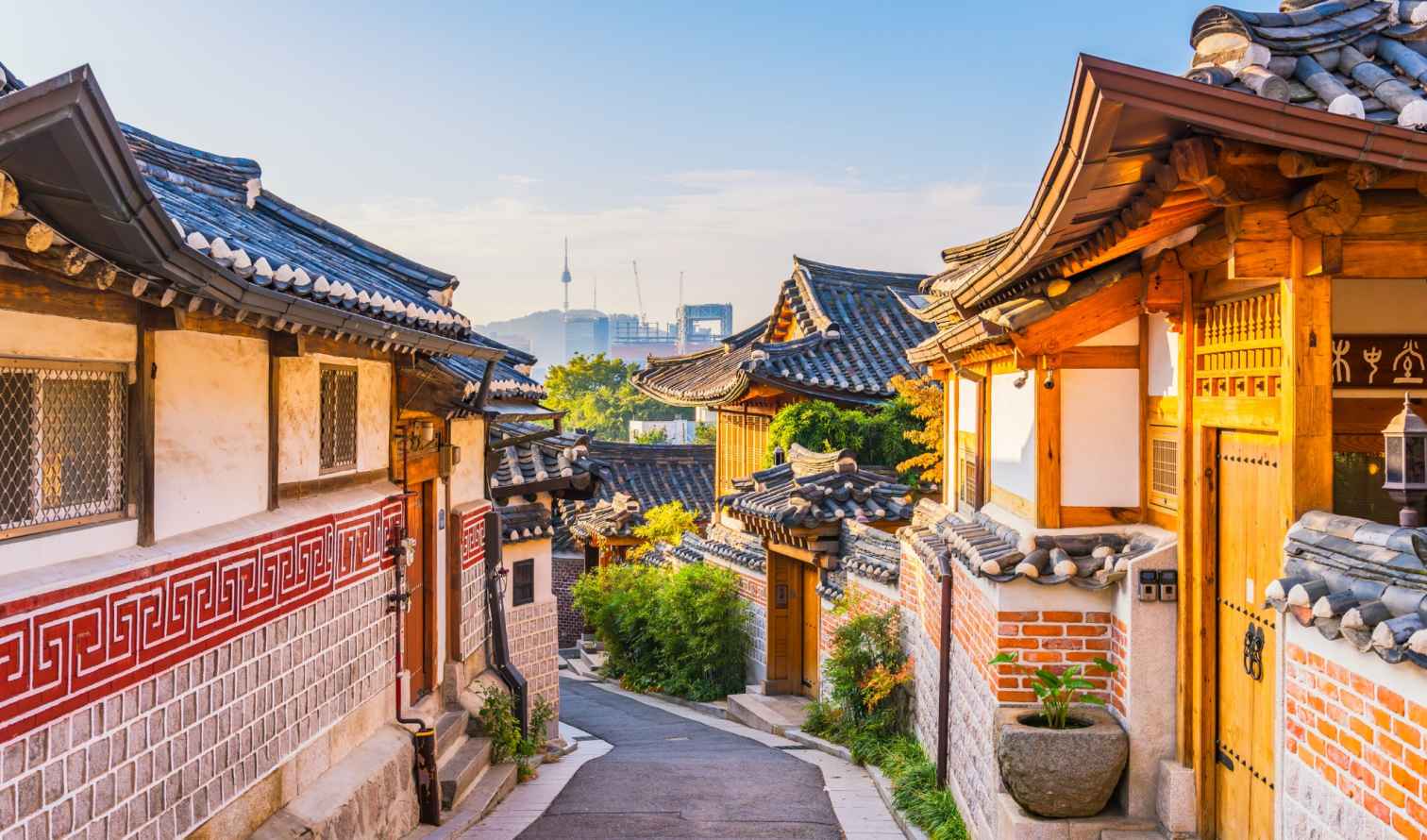 Namsan Seoul Tower visible from a street in Bukchon Hanok Village, Seoul.