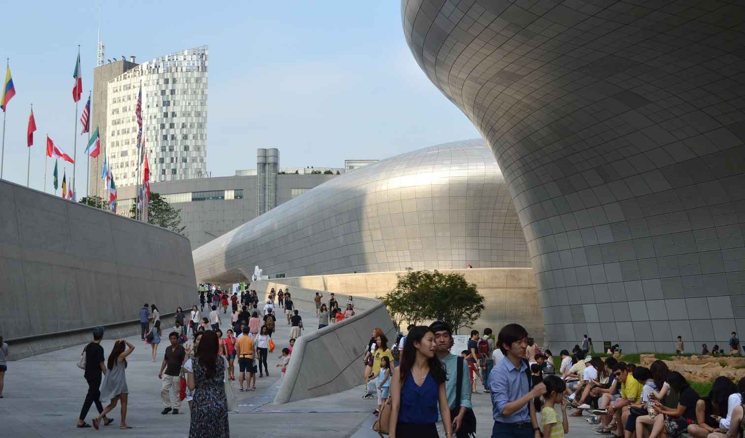 Crowds gather at the futuristic Dongdaemun Design Plaza in Seoul.