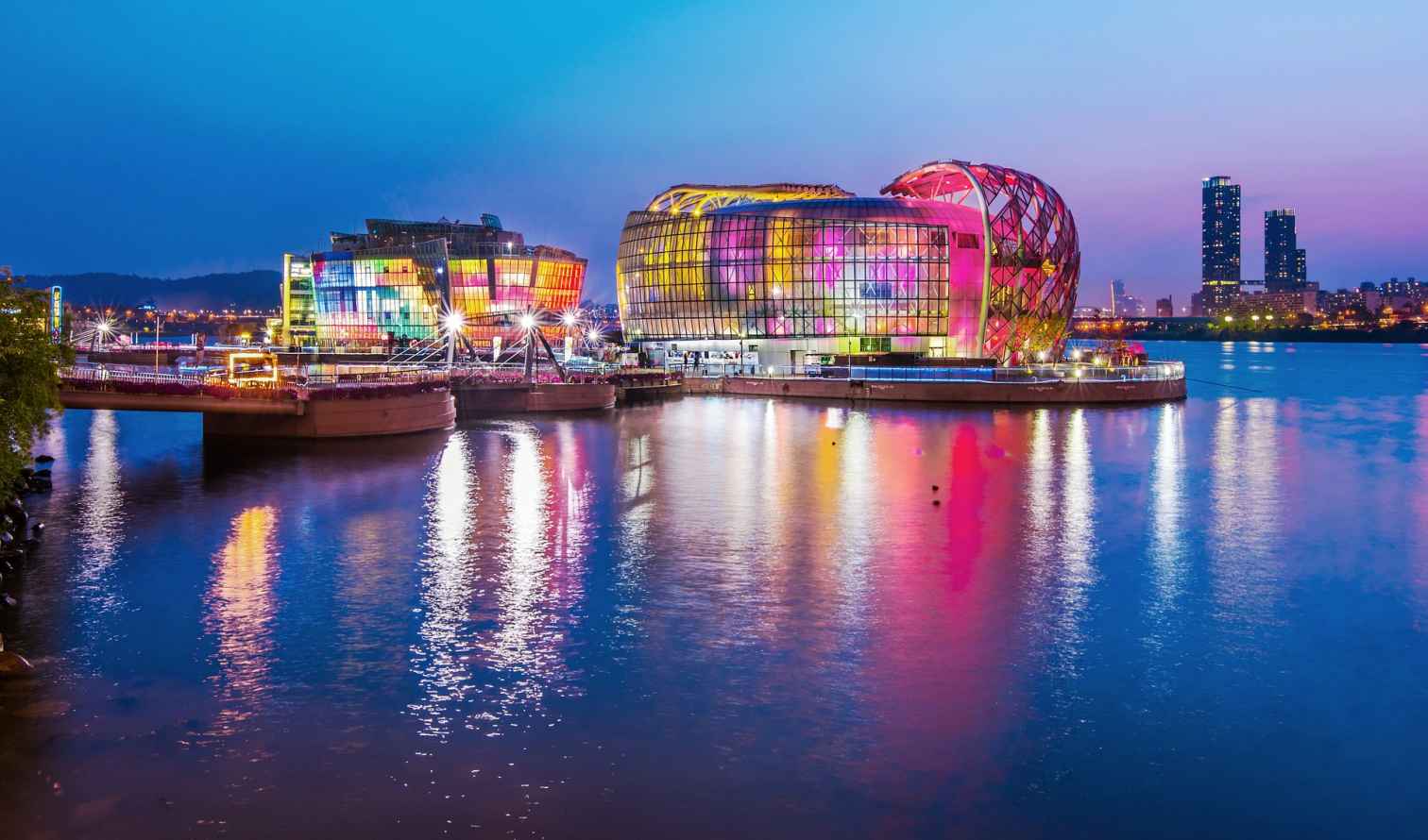 Colorful buildings on the water at Seoul's Floating Island.