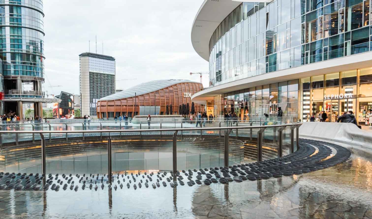 View of skyscrapers and shops in Piazza Gae Aulenti, Milan.