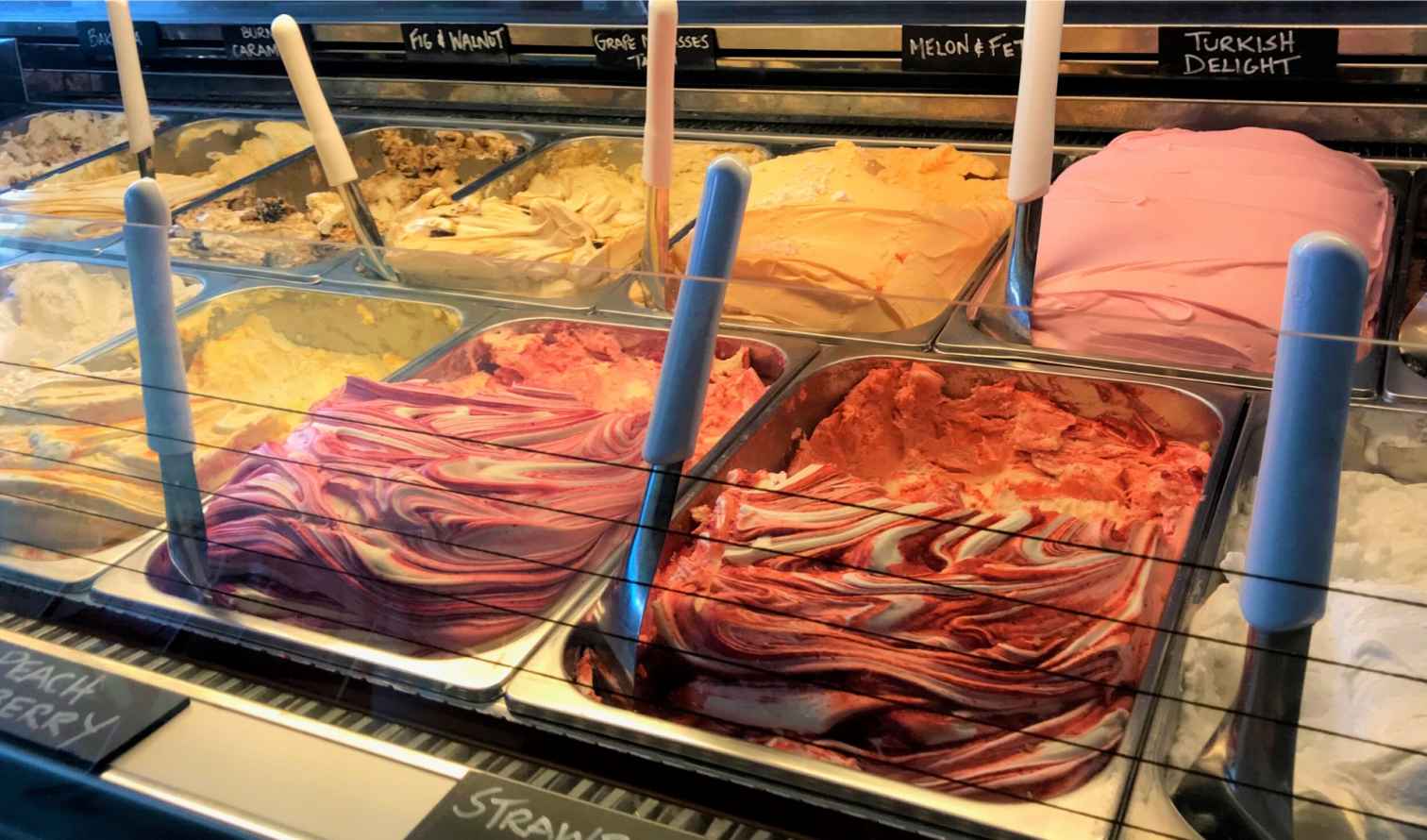 Ice cream tubs with visible flavors like Turkish Delight and Fig &amp; Walnut in Sydney
